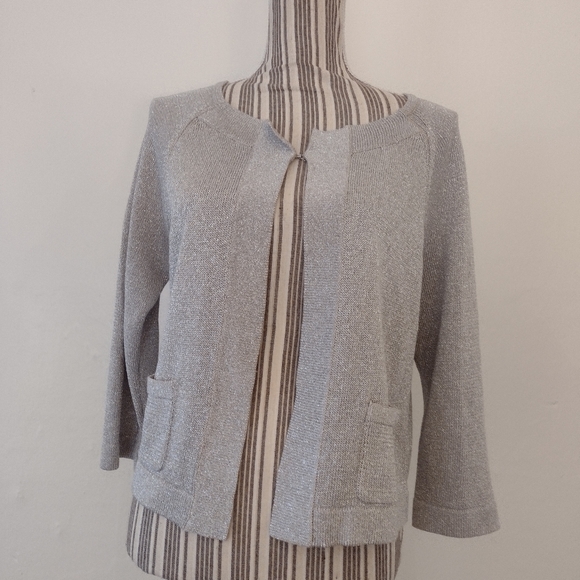 Talbots Tan Metallic Sparkle Linen Blend 3/4 Sleeve Short Sweater Size M - Picture 2 of 9